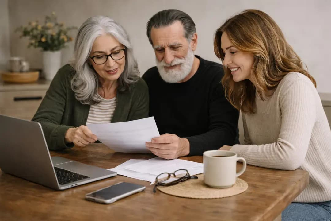Two parents and their daughter looking at papers at a dining table