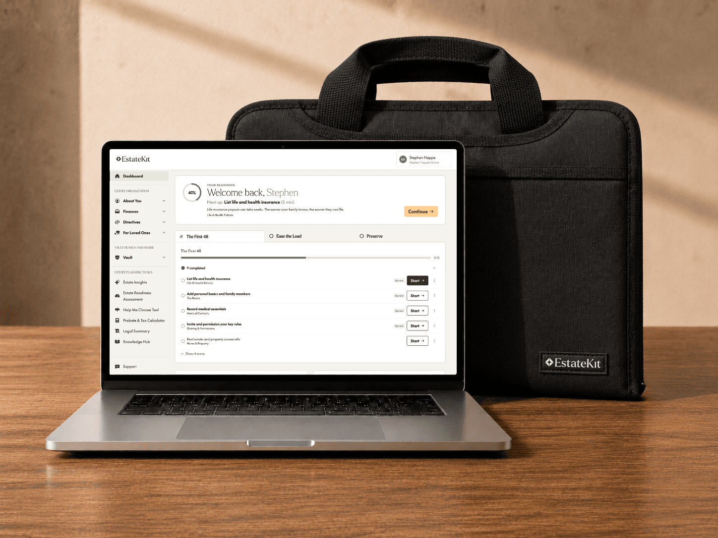 Product hero: physical portfolio and Estate Kit screens together