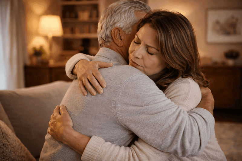 Senior father hugging adult daughter